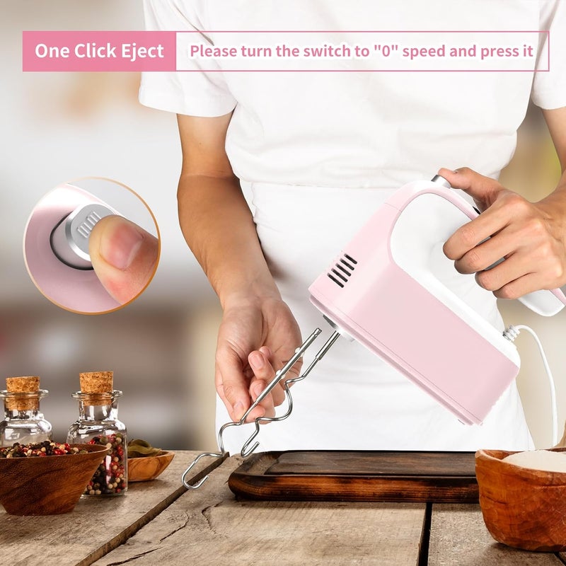 Yomelo 9-Speed Digital Hand Mixer Electric, 400W Powerful DC Motor, Hand Mixer Electric Handheld with Snap-On Storage Case, 5 Stainless Steel Accessories, Beaters, Dough Hooks, Whisk(Pink/White) - Image 5